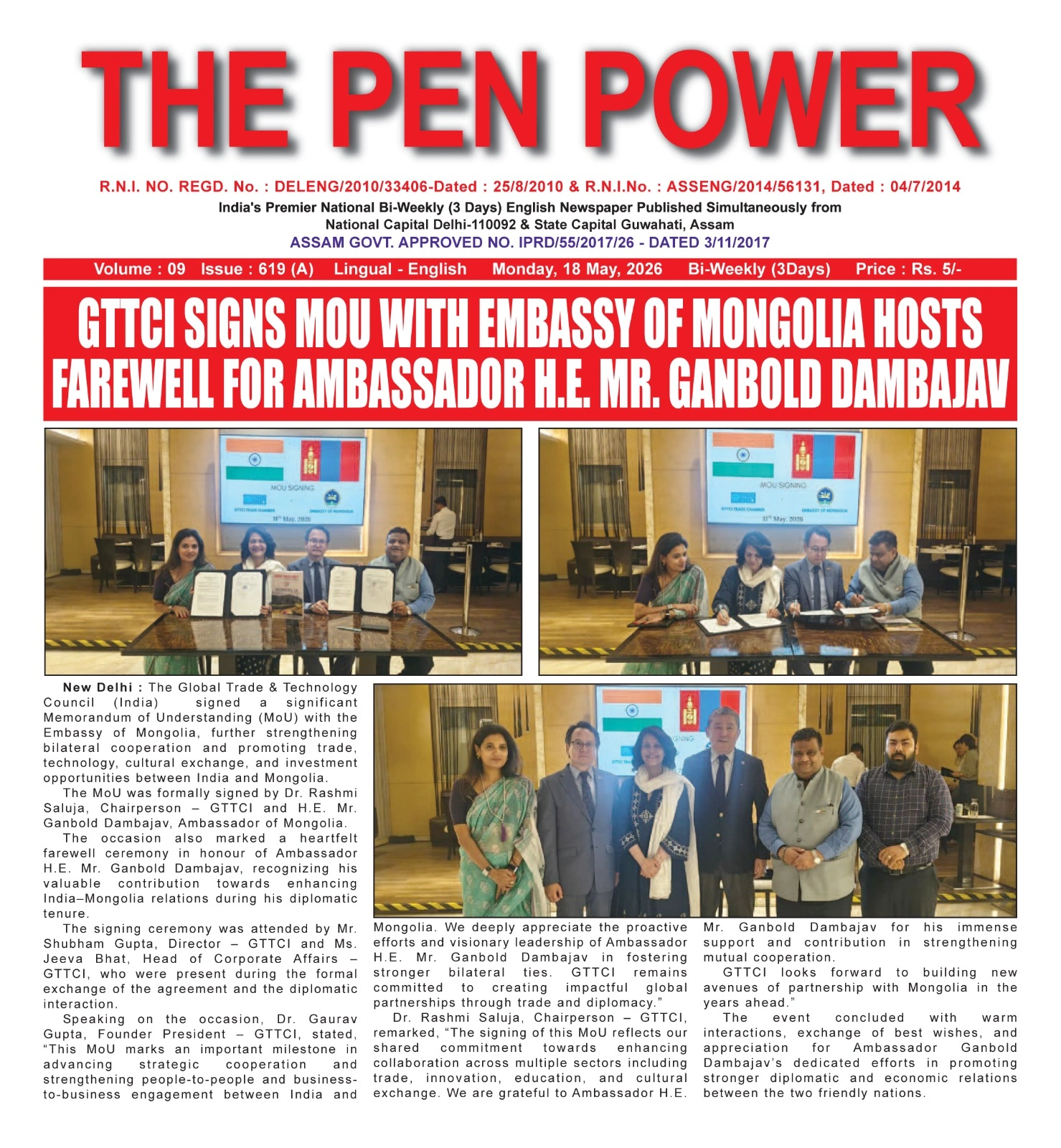 GTTCI signs MoU with Embassy of Mongolia, hosts farewell for H.E. Mr. Ganbold Dambajav
